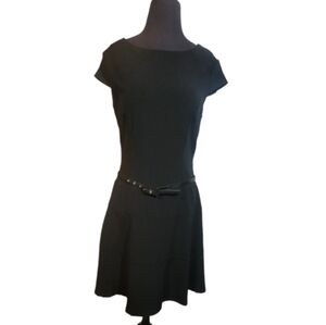 AA Studio black cap sleeve dress Smsize 10 scoop neck fit flare belted